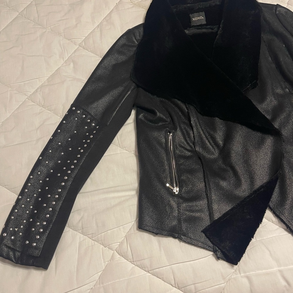 XOXO Women's Black Leather Jacket with Faux Fur and Studs